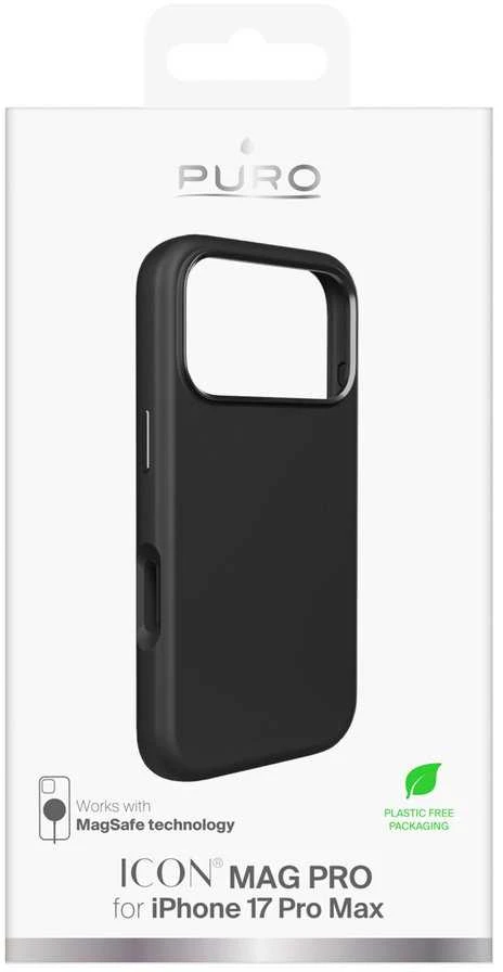 Puro Pure Icon Mag Pro Liquid Silicone dėklas skirtas Apple iPhone 17 Pro Max, MagSafe Compatible, with Camera Protection and Aluminum Mygtukai – juodos spalvos
