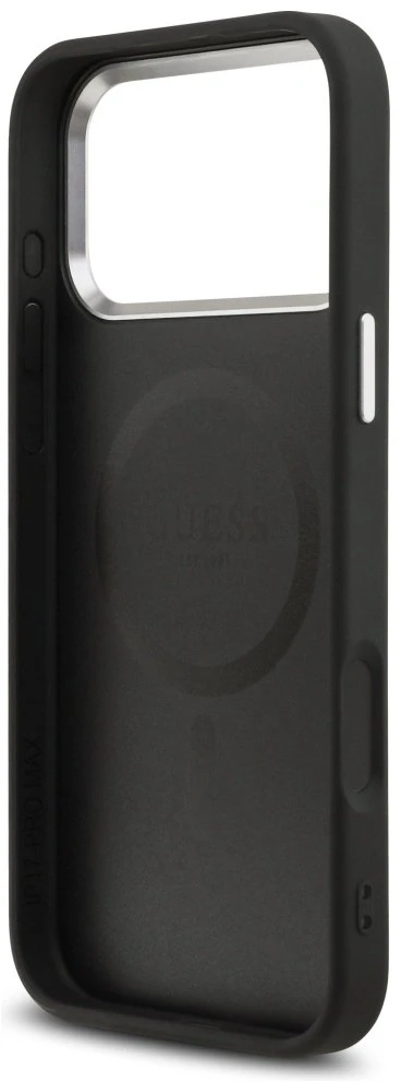 Guess Grained Triangle Logo MagSafe dėklas skirtas Apple iPhone 17 Pro Max juodos spalvos