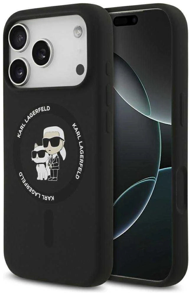 Dėklas Karl Lagerfeld Silicone Karl&Choupette Ring MagSafe skirtas Apple iPhone 17 Pro Max juodos spalvos