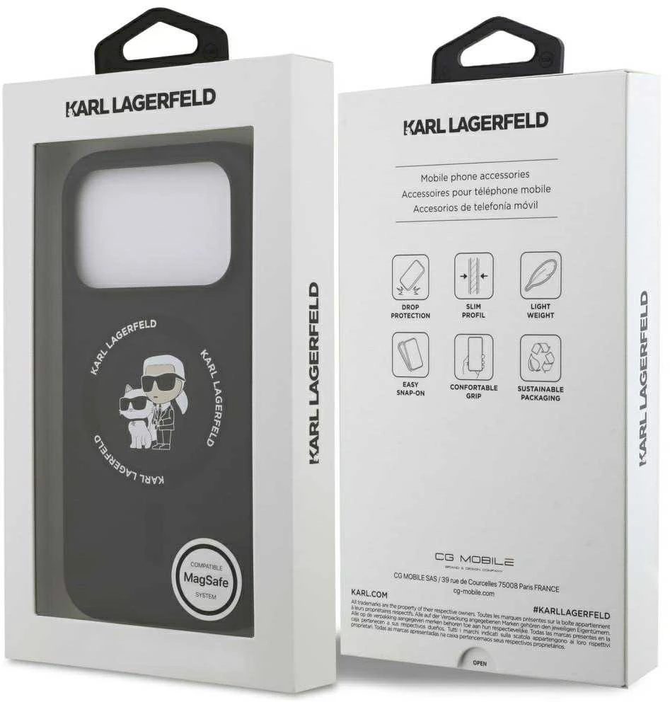 Dėklas Karl Lagerfeld Silicone Karl&Choupette Ring MagSafe skirtas Apple iPhone 17 Pro Max juodos spalvos