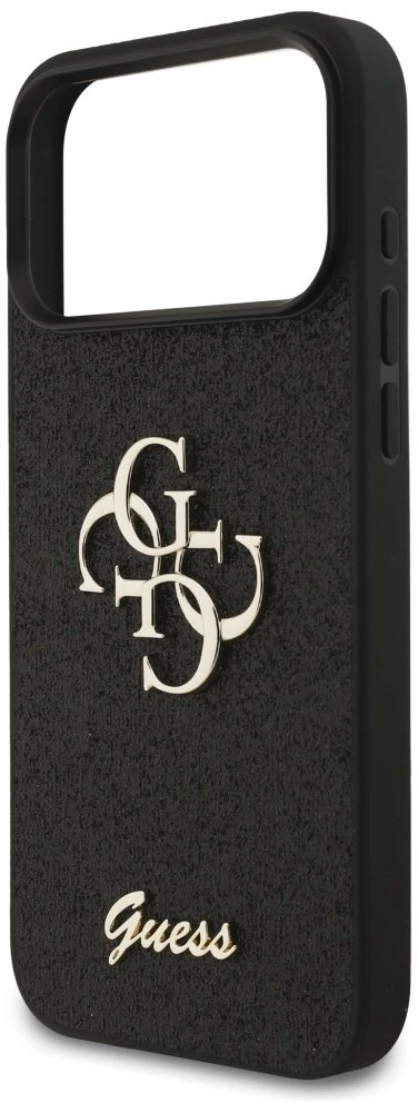 Guess PU Fixed Glitter 4G Metal Logo dėklas skirtas Apple iPhone 17 Pro Max juodos spalvos