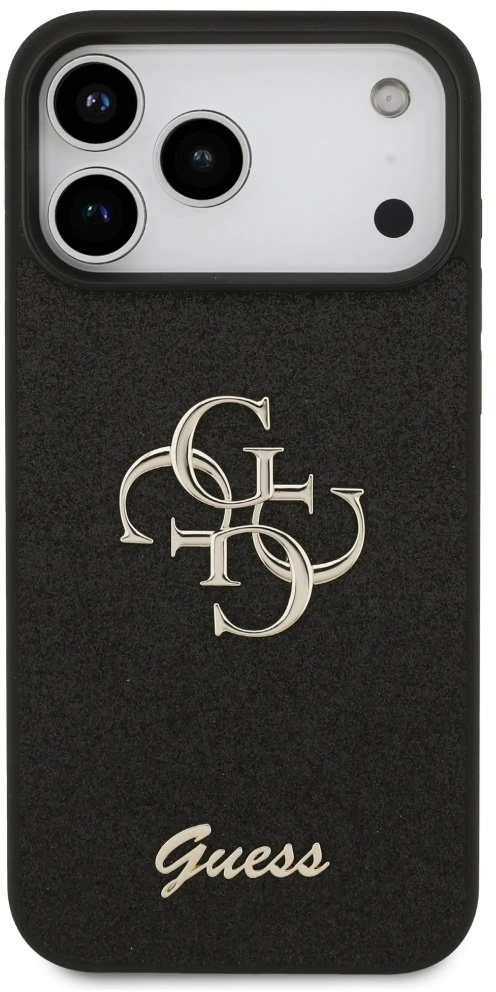 Guess PU Fixed Glitter 4G Metal Logo dėklas skirtas Apple iPhone 17 Pro Max juodos spalvos