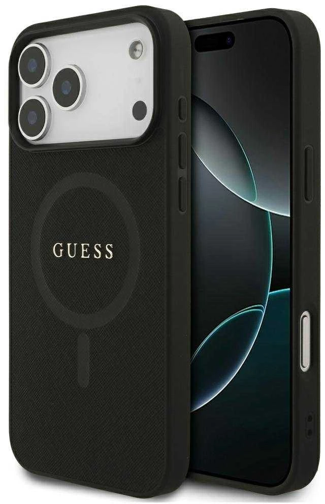Guess Saffiano Classic Logo MagSafe dėklas Apple iPhone 17 Pro Max juodos spalvos