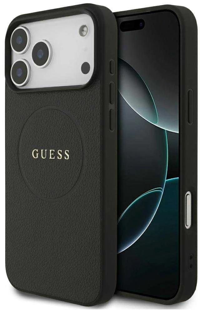 Guess Grained Ring MagSafe dėklas Apple iPhone 17 Pro Max juodos spalvos
