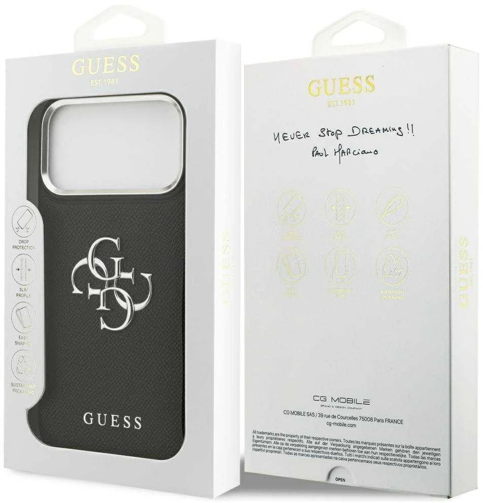 Dėklas Guess Grained Big 4G Classic Logo iPhone 17 Pro Max juodos spalvos