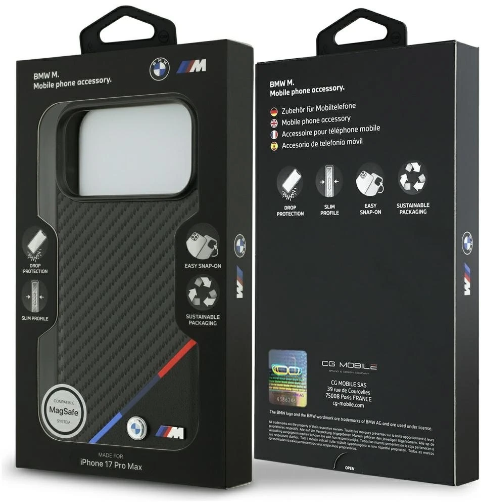 Dėklas BMW M Carbon Tricolor Line MagSafe Apple iPhone 17 Pro Max juodos spalvos