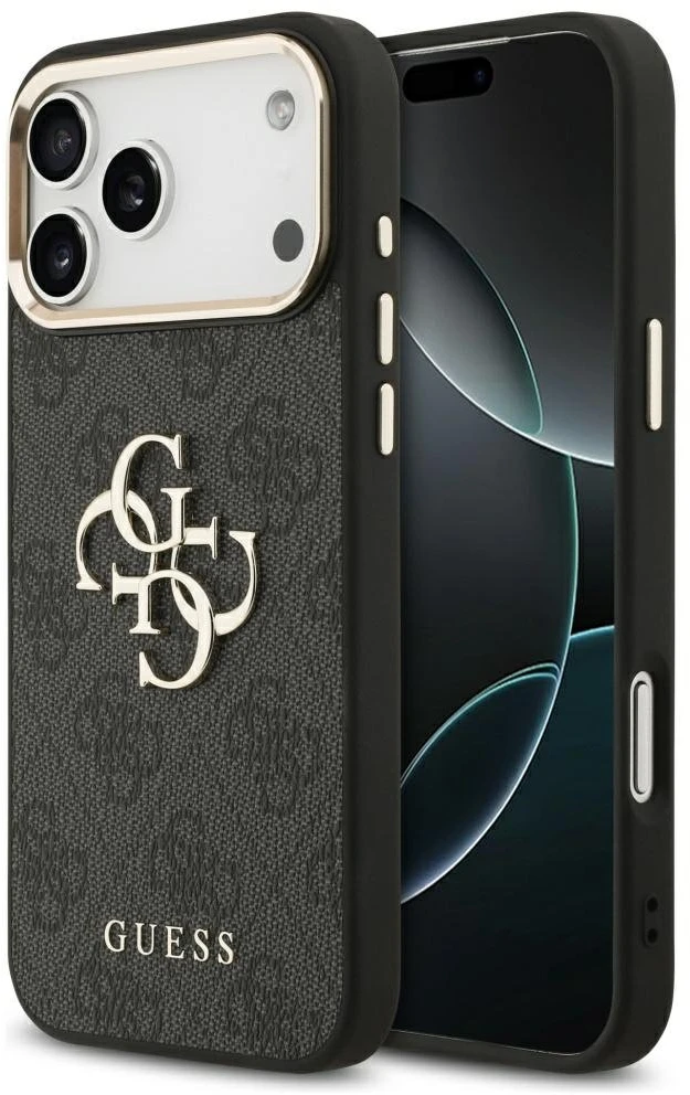 Guess PU Leather 4G Metal Logo Gold Frame dėklas skirtas Apple iPhone 17 Pro Max juodos spalvos