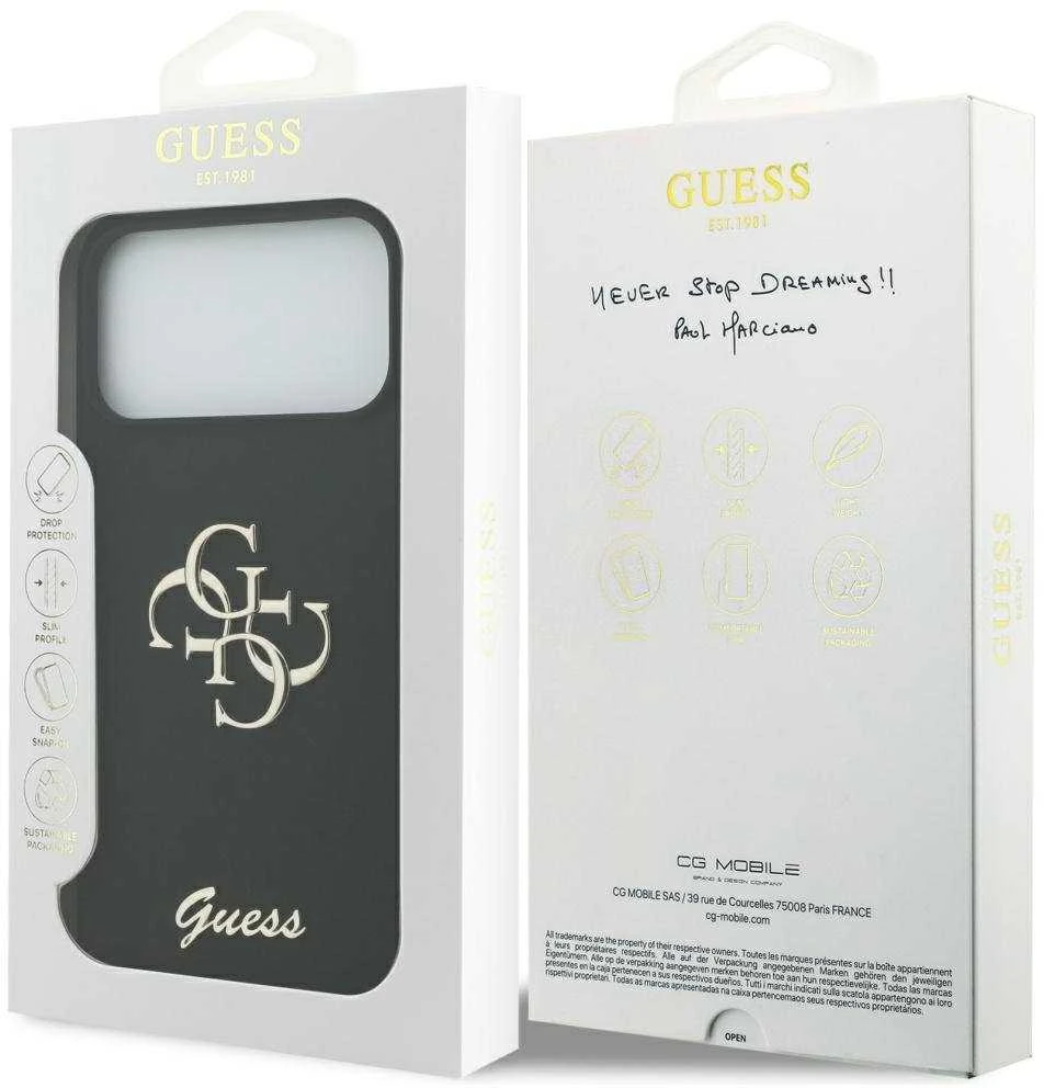 Guess Silicone Big 4G Script dėklas skirtas Apple iPhone 17 Pro Max juodos spalvos
