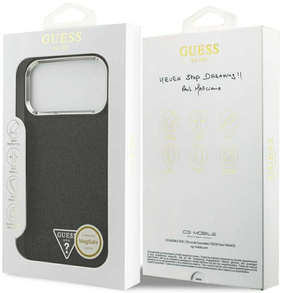 Dėklas Guess Glitter Triangle Logo MagSafe Apple iPhone 17 Pro Max juodos spalvos
