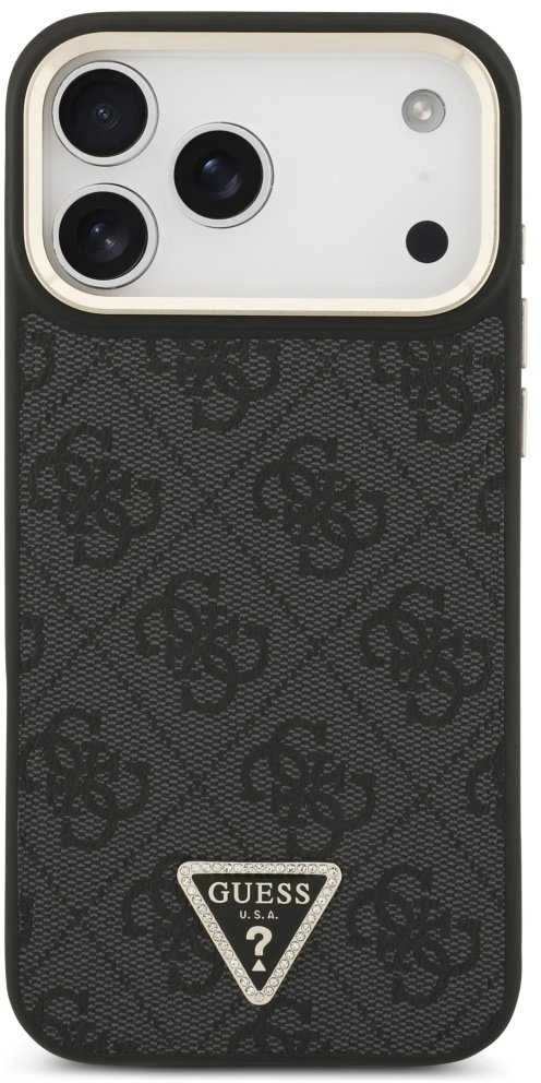Guess PU Leather 4G Strass Triangle Logo Gold Frame MagSafe dėklas skirtas Apple iPhone 17 Pro Max juodos spalvos