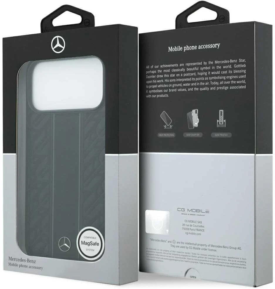 Mercedes Leather Laurel Leaves Stripes MagSafe dėklas Apple iPhone 17 Pro Max juodos spalvos