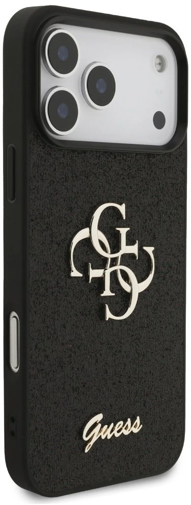 Guess PU Fixed Glitter 4G Metal Logo dėklas skirtas Apple iPhone 17 Pro Max juodos spalvos