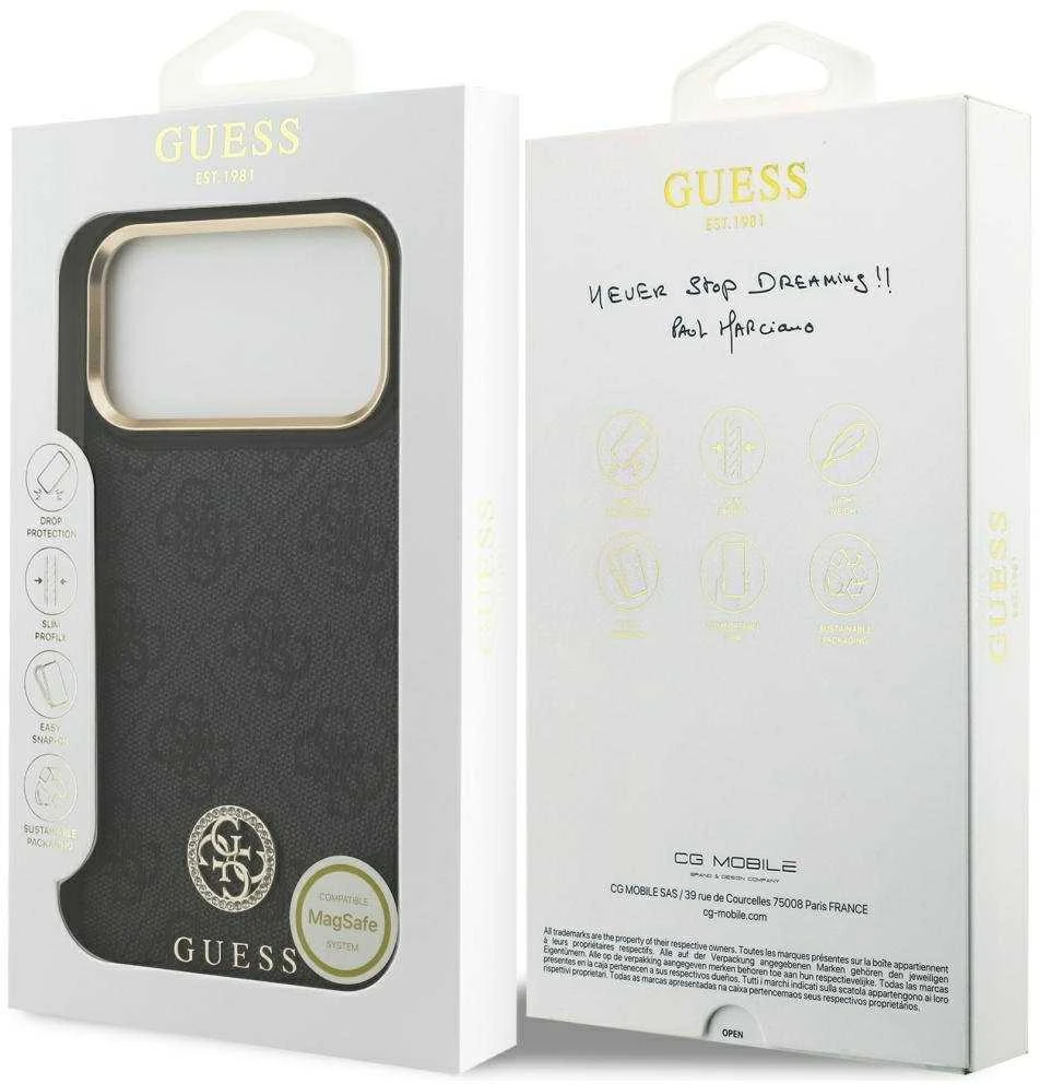 GUESS dėklas, skirtas IPHONE 17 Pro Max, suderinamas su MagSafe GUHMP17XP4GRMDEK (PU W/ 4G Strass Logo) juodas