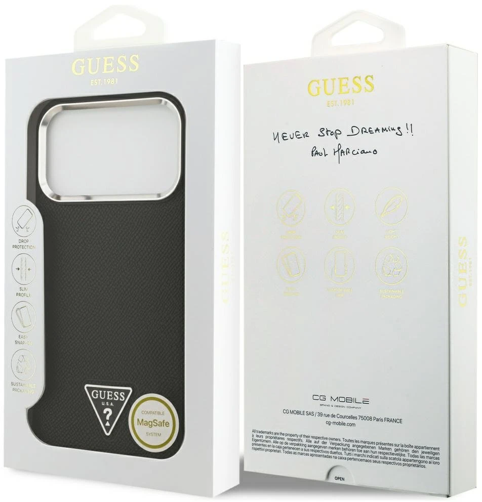 Guess Grained Triangle Logo MagSafe dėklas skirtas Apple iPhone 17 Pro Max juodos spalvos
