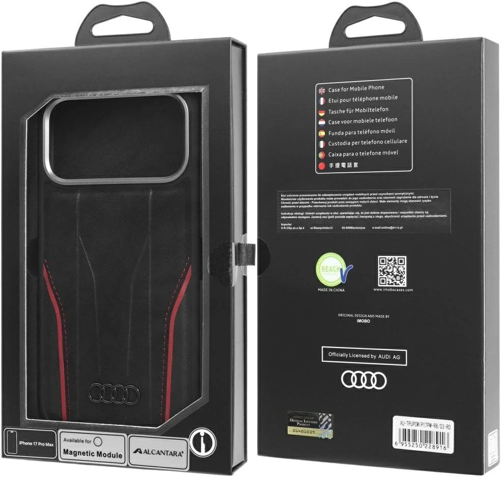 Dėklas Audi R8 Genuine Leather MagSafe Apple iPhone 17 Pro Max juodos spalvos-red