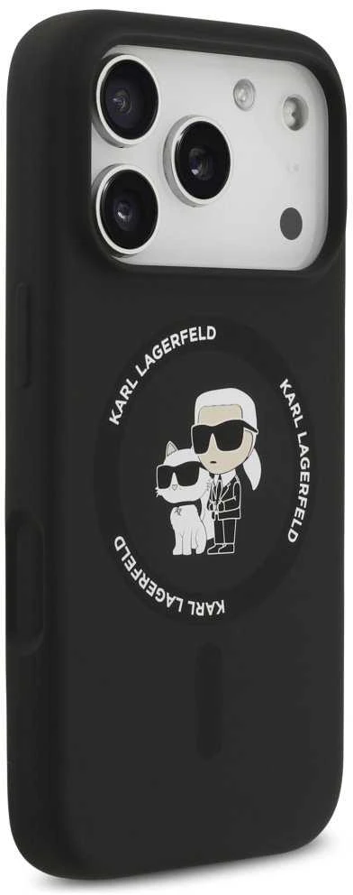 Dėklas Karl Lagerfeld Silicone Karl&Choupette Ring MagSafe skirtas Apple iPhone 17 Pro Max juodos spalvos