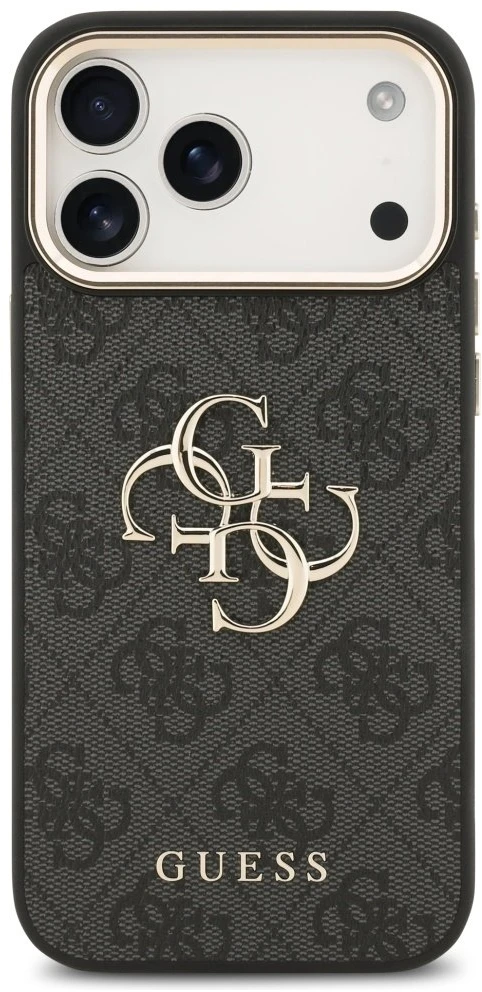 Guess PU Leather 4G Metal Logo Gold Frame dėklas skirtas Apple iPhone 17 Pro Max juodos spalvos