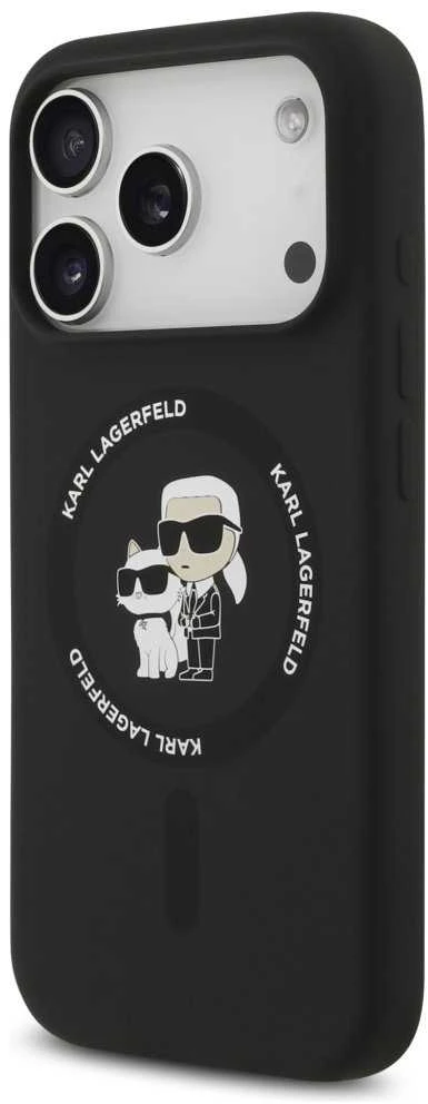 Dėklas Karl Lagerfeld Silicone Karl&Choupette Ring MagSafe skirtas Apple iPhone 17 Pro Max juodos spalvos