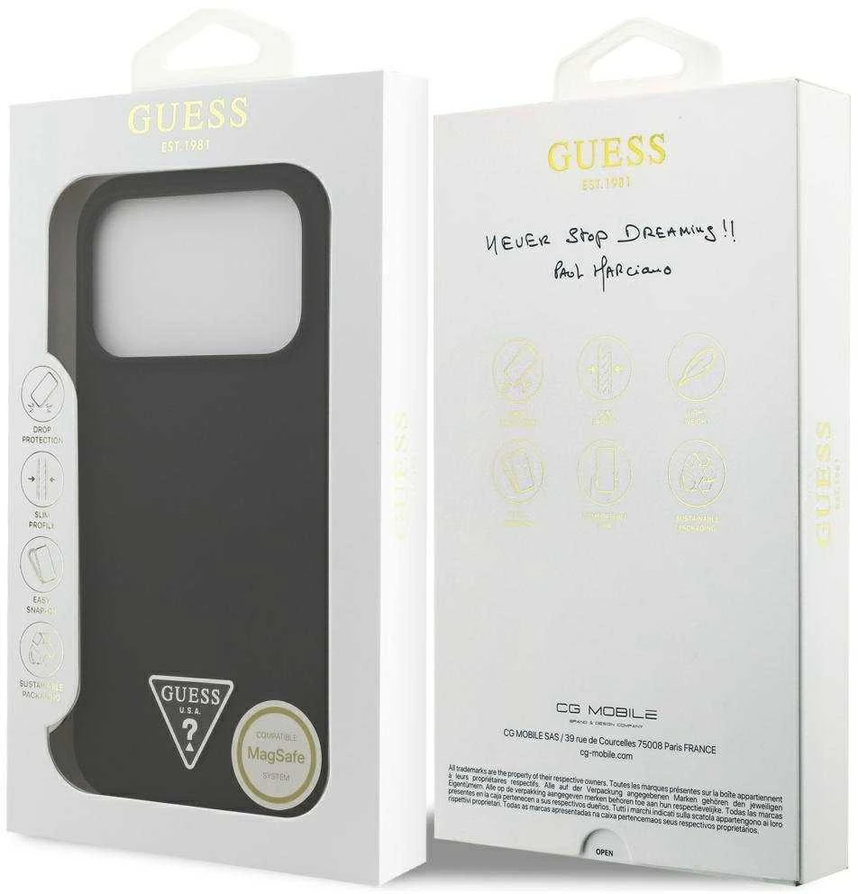 Dėklas Guess Silicone Triangle Logo MagSafe Apple iPhone 17 Pro Max juodos spalvos