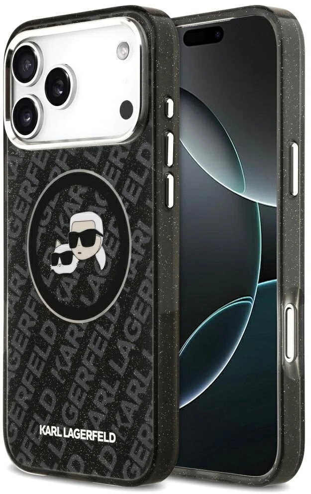 Dėklas Karl Lagerfeld IML Glitter Karl & Choupette Heads Logo MagSafe for Apple iPhone 17 Pro Max juodos spalvos