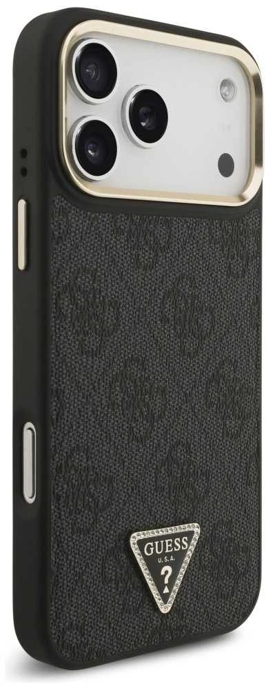 Guess PU Leather 4G Strass Triangle Logo Gold Frame MagSafe dėklas skirtas Apple iPhone 17 Pro Max juodos spalvos