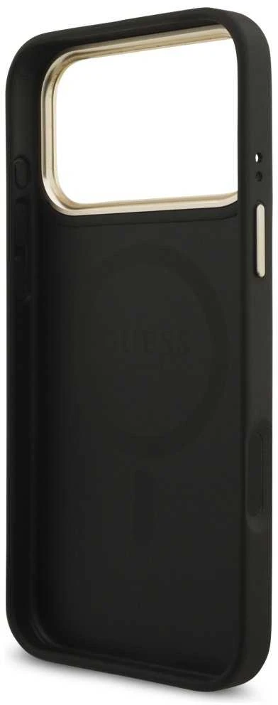 Guess PU Leather 4G Strass Triangle Logo Gold Frame MagSafe dėklas skirtas Apple iPhone 17 Pro Max juodos spalvos