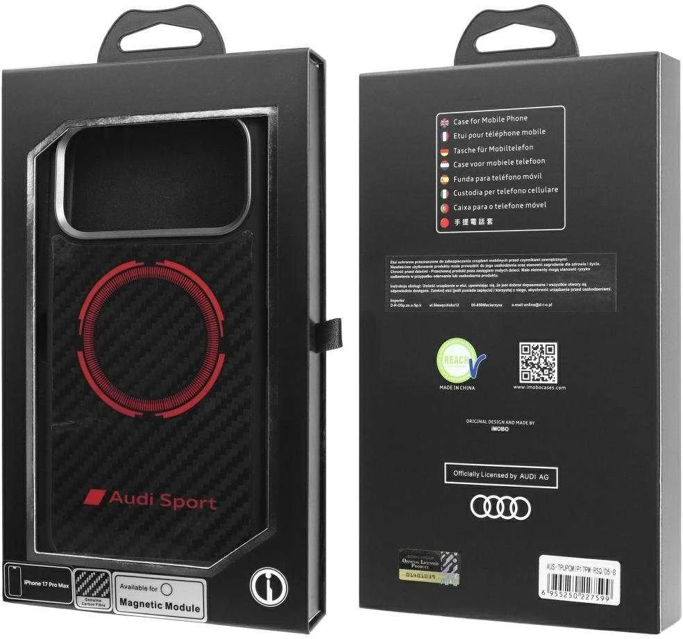 Dėklas Audi RSQ Carbon Fiber Sport Raudona Circle MagSafe skirtas Apple iPhone 17 Pro Max juodos spalvos