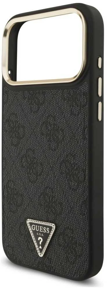 Guess PU Leather 4G Strass Triangle Logo Gold Frame MagSafe dėklas skirtas Apple iPhone 17 Pro Max juodos spalvos