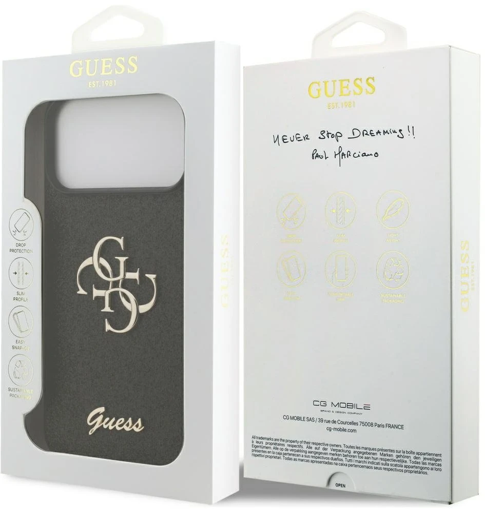 Guess PU Fixed Glitter 4G Metal Logo dėklas skirtas Apple iPhone 17 Pro Max juodos spalvos