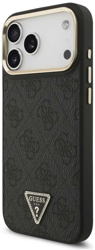 Guess PU Leather 4G Strass Triangle Logo Gold Frame MagSafe dėklas skirtas Apple iPhone 17 Pro Max juodos spalvos