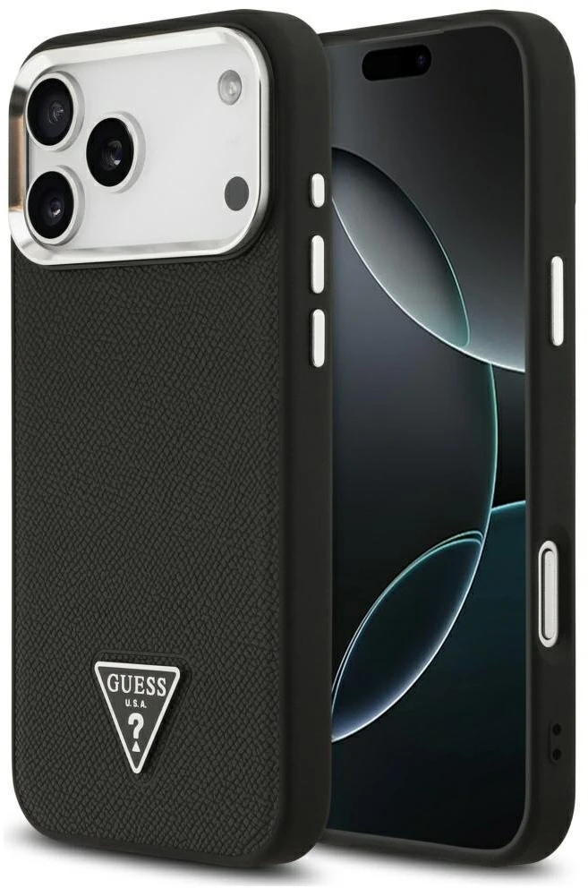 Guess Grained Triangle Logo MagSafe dėklas skirtas Apple iPhone 17 Pro Max juodos spalvos