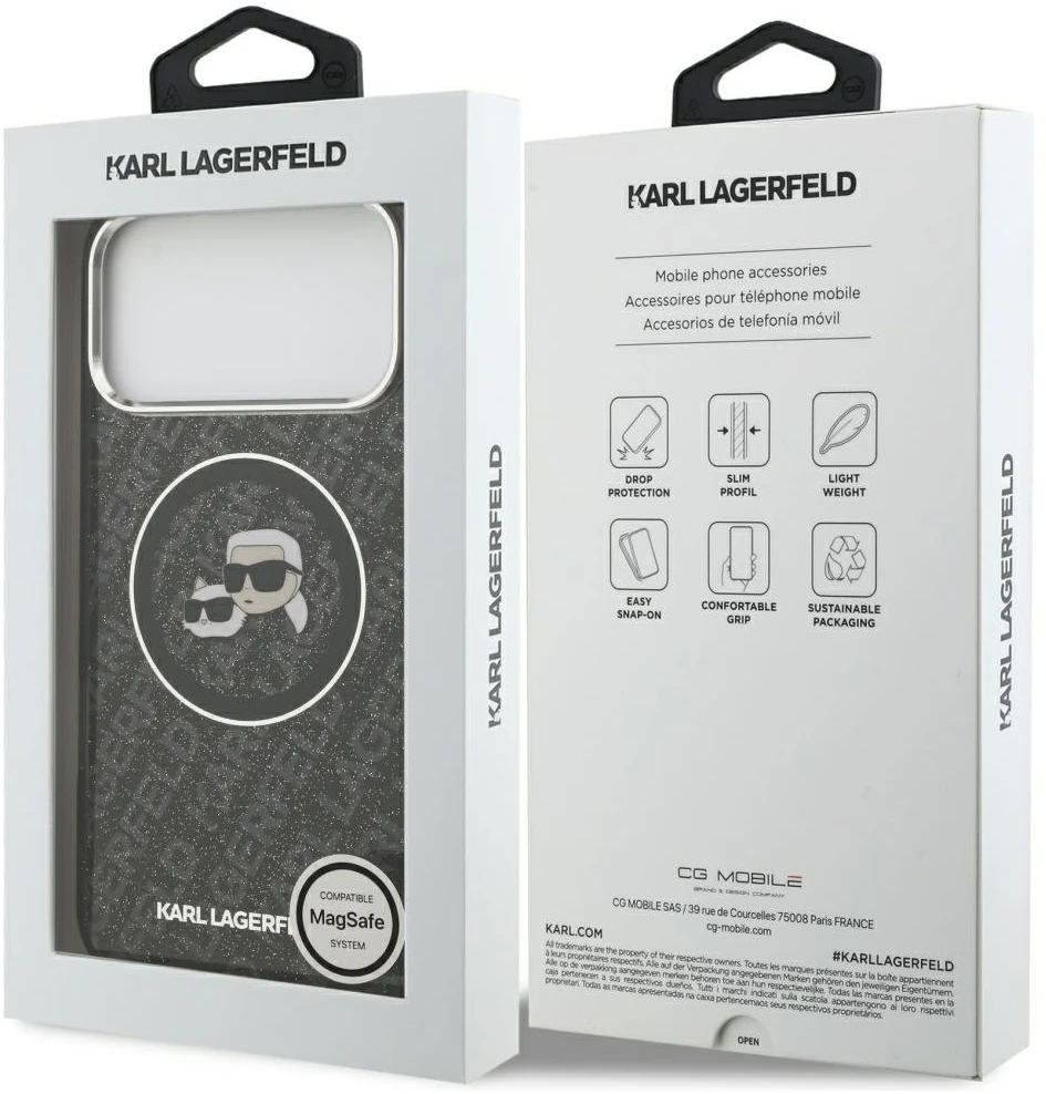 Dėklas Karl Lagerfeld IML Glitter Karl & Choupette Heads Logo MagSafe for Apple iPhone 17 Pro Max juodos spalvos