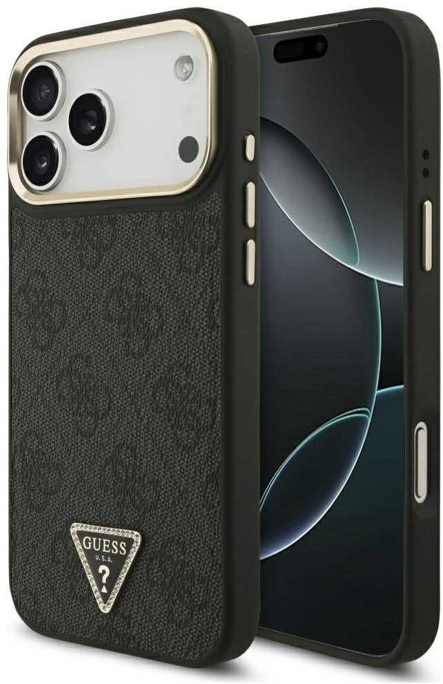 Guess PU Leather 4G Strass Triangle Logo Gold Frame MagSafe dėklas skirtas Apple iPhone 17 Pro Max juodos spalvos