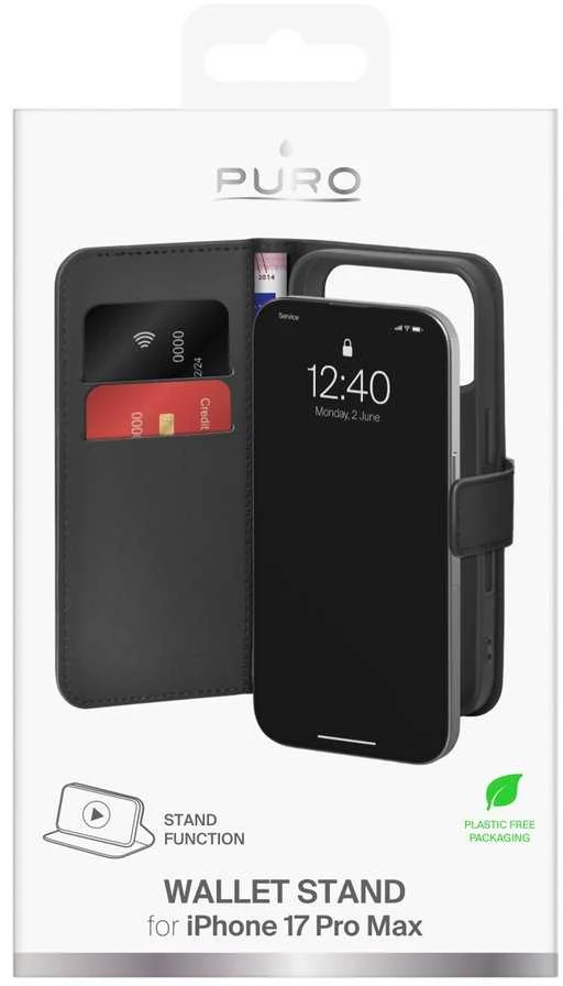 Puro Wallet Stand dėklas skirtas Apple iPhone 17 Pro Max Made of Eco-Leather, with a Flap, Wallet, and Stand Function - juodos spalvos