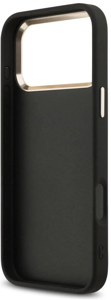 Guess PU odos 4G Metal Logo Gold Frame dėklas skirtas iPhone 17 Pro Max juodos spalvos