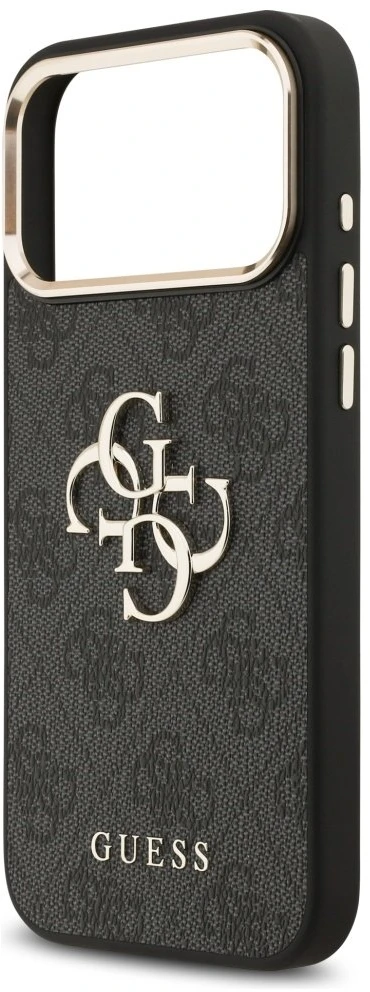 Guess PU Leather 4G Metal Logo Gold Frame dėklas skirtas Apple iPhone 17 Pro Max juodos spalvos