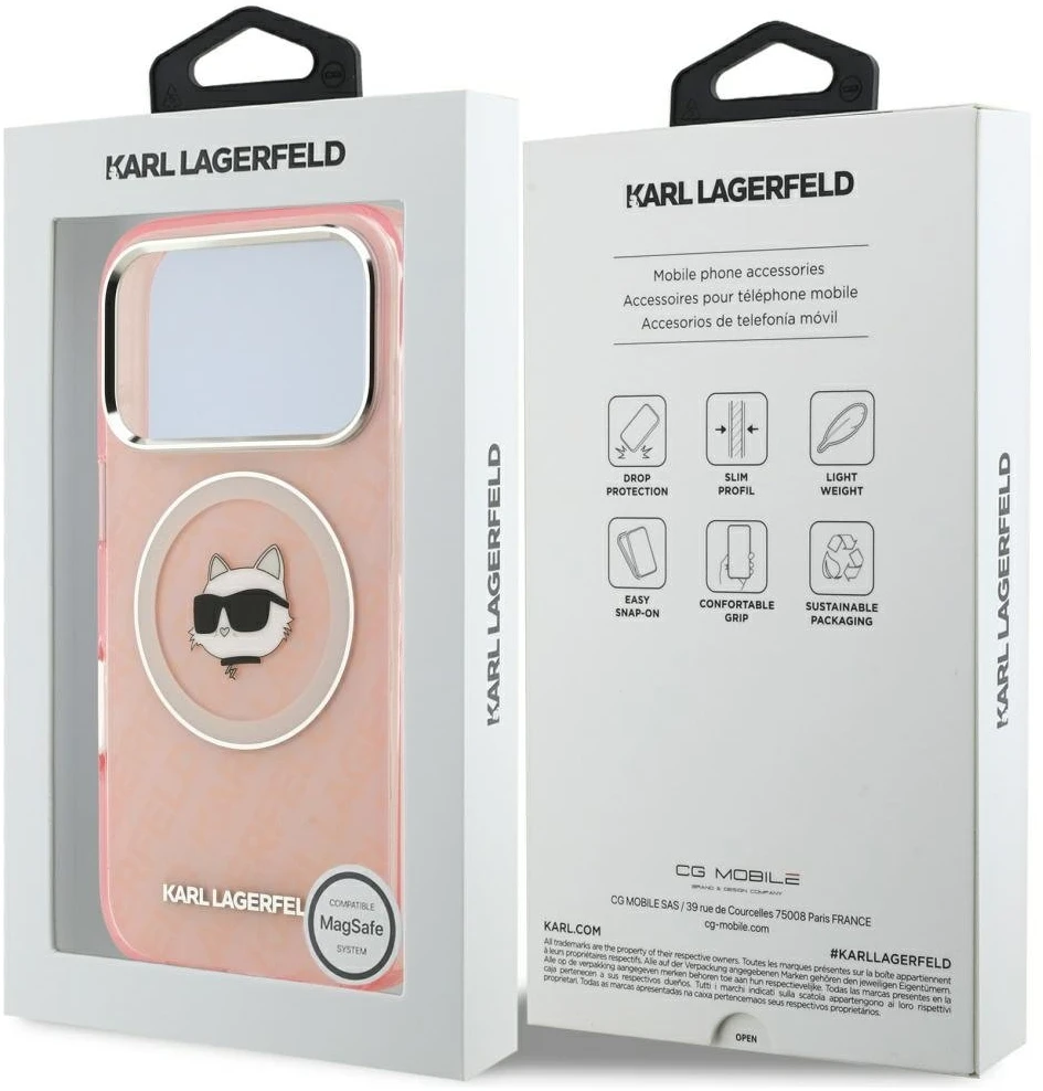 Dėklas Karl Lagerfeld IML Choupette Head Logo MagSafe skirtas Apple iPhone 17 Pro Max rožinės spalvos