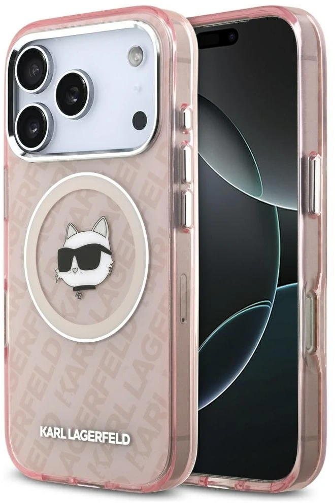 Dėklas Karl Lagerfeld IML Choupette Head Logo MagSafe skirtas Apple iPhone 17 Pro Max rožinės spalvos