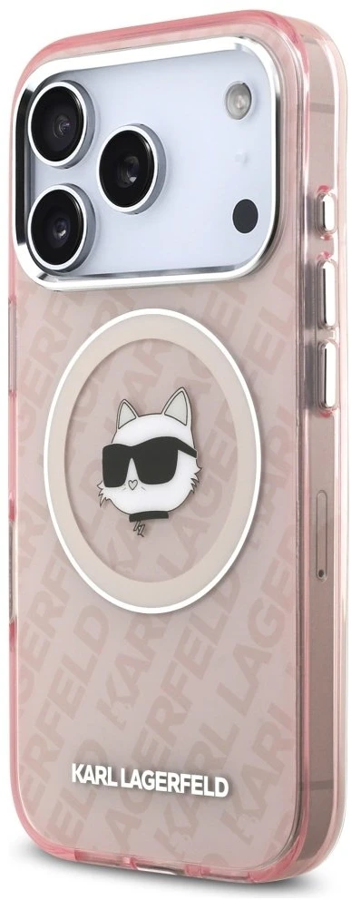 Dėklas Karl Lagerfeld IML Choupette Head Logo MagSafe skirtas Apple iPhone 17 Pro Max rožinės spalvos