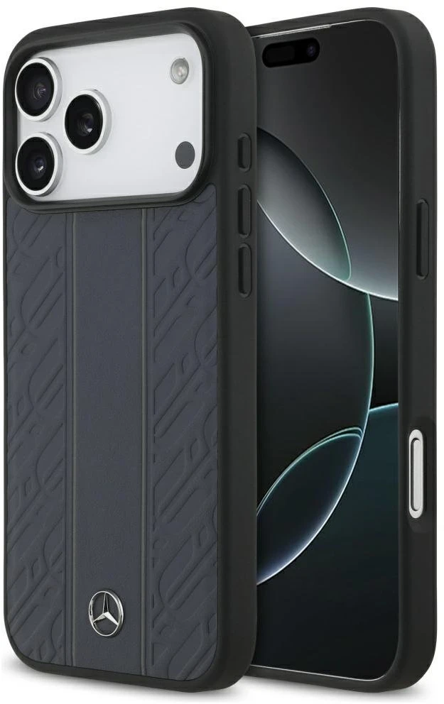 Dėklas Mercedes Leather Laurel Leaves Stripes MagSafe Apple iPhone 17 Pro Max mėlynas