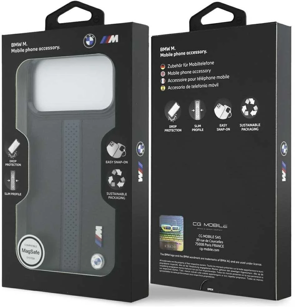 Dėklas BMW M Perforated Stripe Logo MagSafe Apple iPhone 17 Pro Max mėlynas