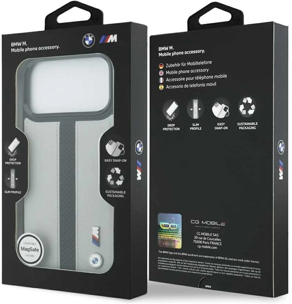 Dėklas BMW M Perforated Stripe Logo MagSafe Apple iPhone 17 Pro Max pilka