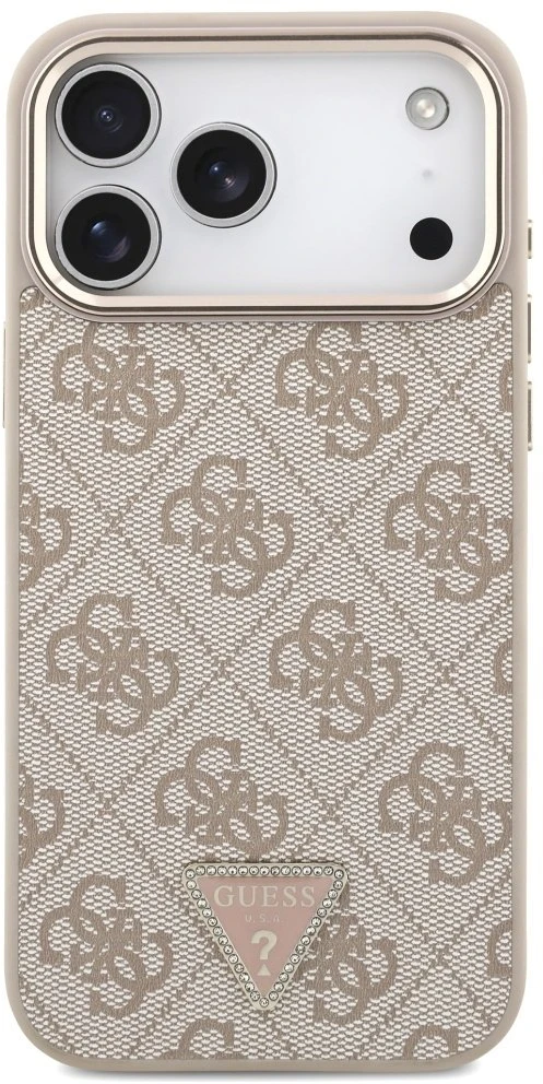 Guess PU Leather 4G Triangle Logo Gold Frame MagSafe dėklas skirtas Apple iPhone 17 Pro Max rožinės spalvos