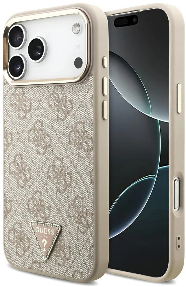 Guess PU Leather 4G Triangle Logo Gold Frame MagSafe dėklas skirtas Apple iPhone 17 Pro Max rožinės spalvos