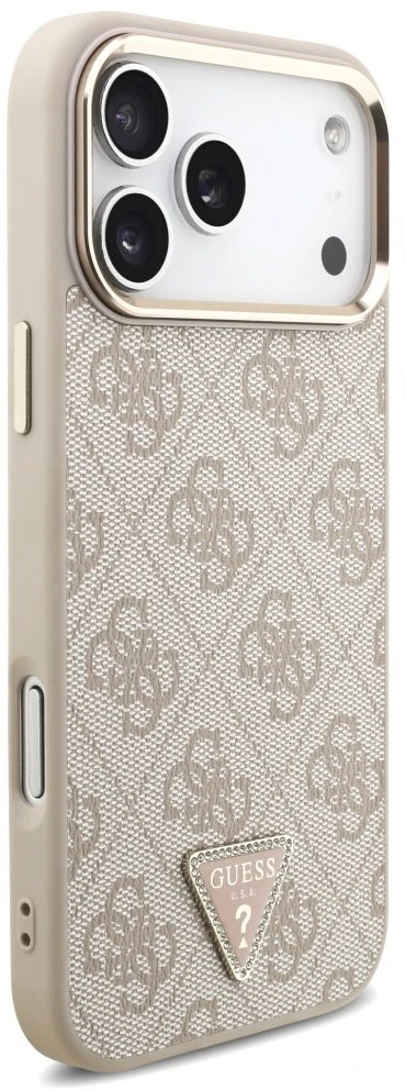 Guess PU Leather 4G Triangle Logo Gold Frame MagSafe dėklas skirtas Apple iPhone 17 Pro Max rožinės spalvos