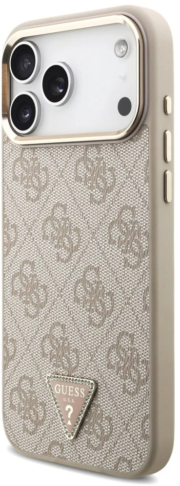 Guess PU Leather 4G Triangle Logo Gold Frame MagSafe dėklas skirtas Apple iPhone 17 Pro Max rožinės spalvos