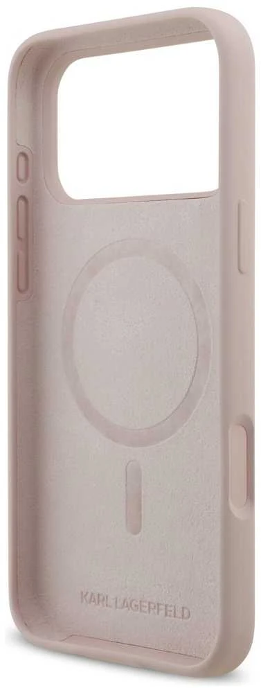 Karl Lagerfeld Liquid Silicone Karl and Choupette MagSafe dėklas skirtas Apple iPhone 17 Pro Max rožinės spalvos