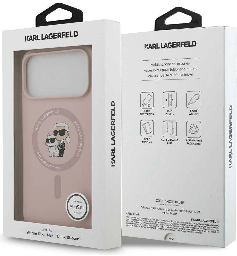 Karl Lagerfeld Liquid Silicone Karl and Choupette MagSafe dėklas skirtas Apple iPhone 17 Pro Max rožinės spalvos