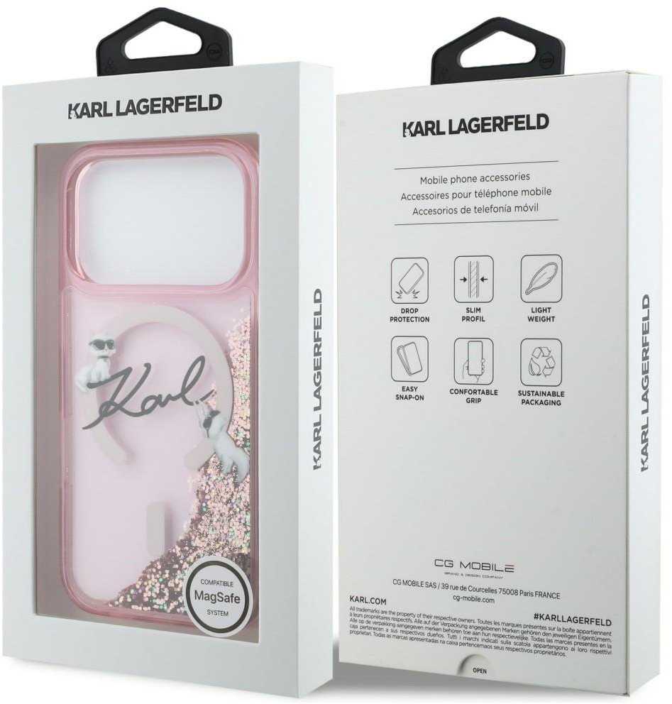 Dėklas Karl Lagerfeld Liquid Glitter Karl Script Logo MagSafe Case for iPhone 17 Pro Max - Rožinė