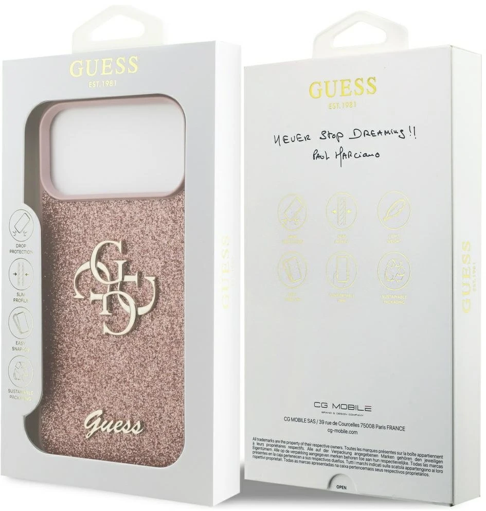 Guess PU Fixed Glitter 4G Metal Logo dėklas skirtas Apple iPhone 17 Pro Max rožinės spalvos